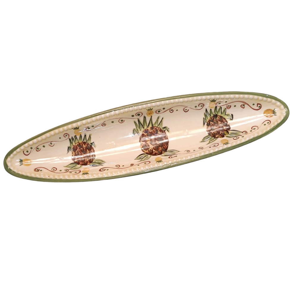 Olive Serving Boat Dish Decorative With A Pineapple Design Cream and Green